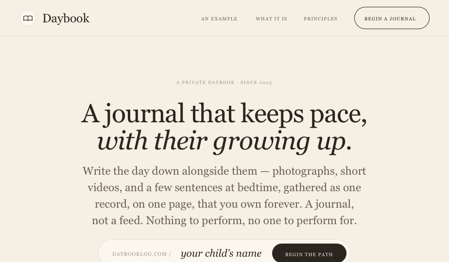 Daybook private photo journal home page