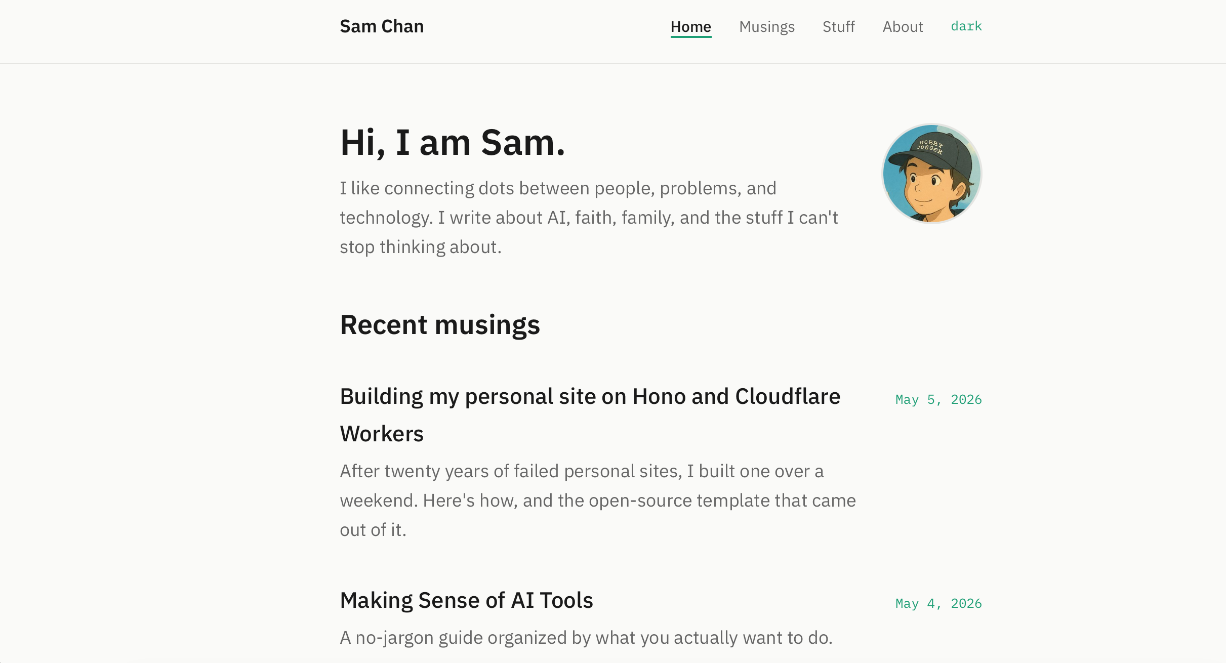 samchan.ca homepage built with the Hono blog template